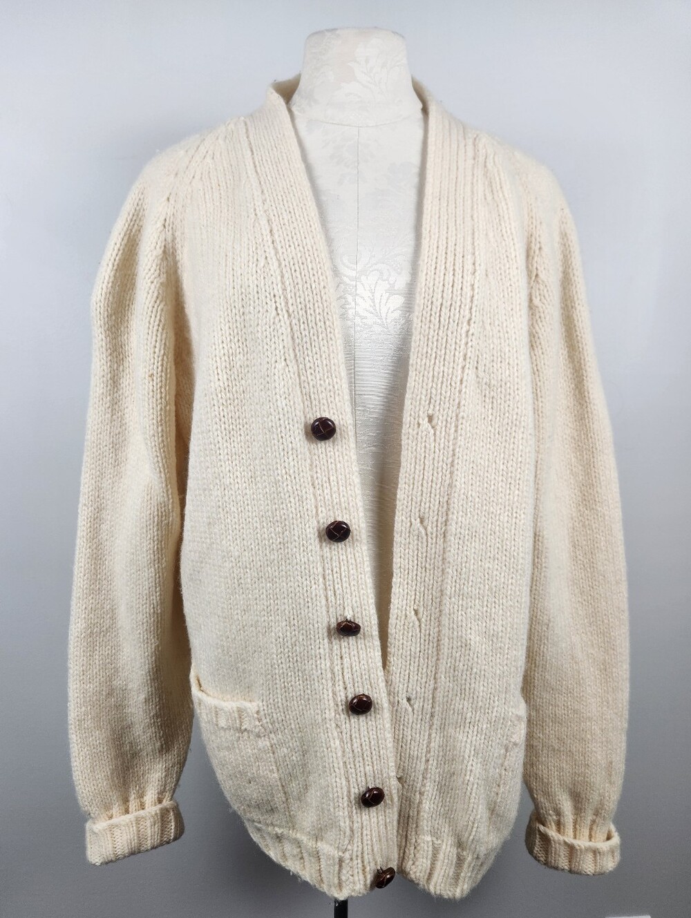 VTG Laurence J Smith Scotland Pure New Wool Chunky Knit Cardigan Fits L Shetland